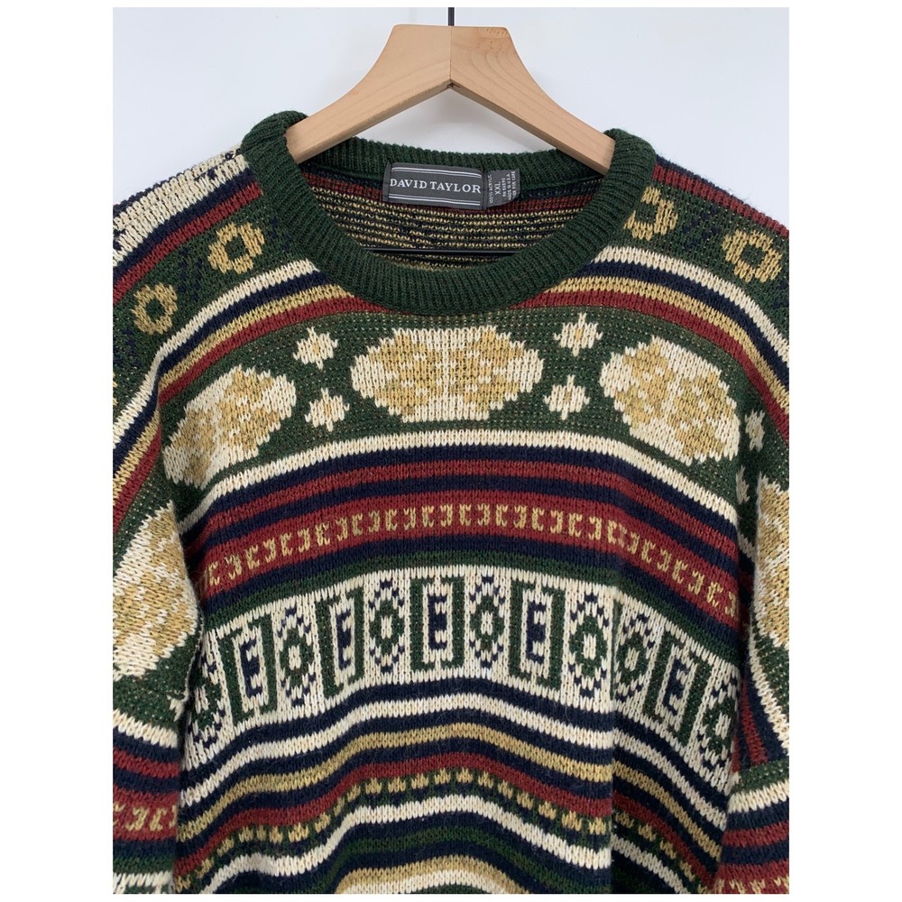 Vintage David Taylor Sweater Mens XXL Geometric Knit Cosby Grandpa Made USA